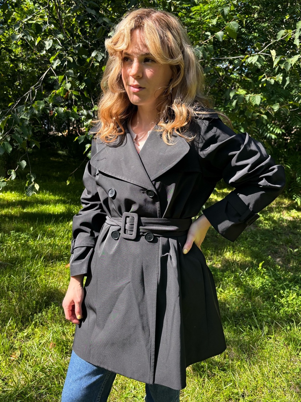 Theory Black Double-Breasted Trench Coat with Belt and Hood